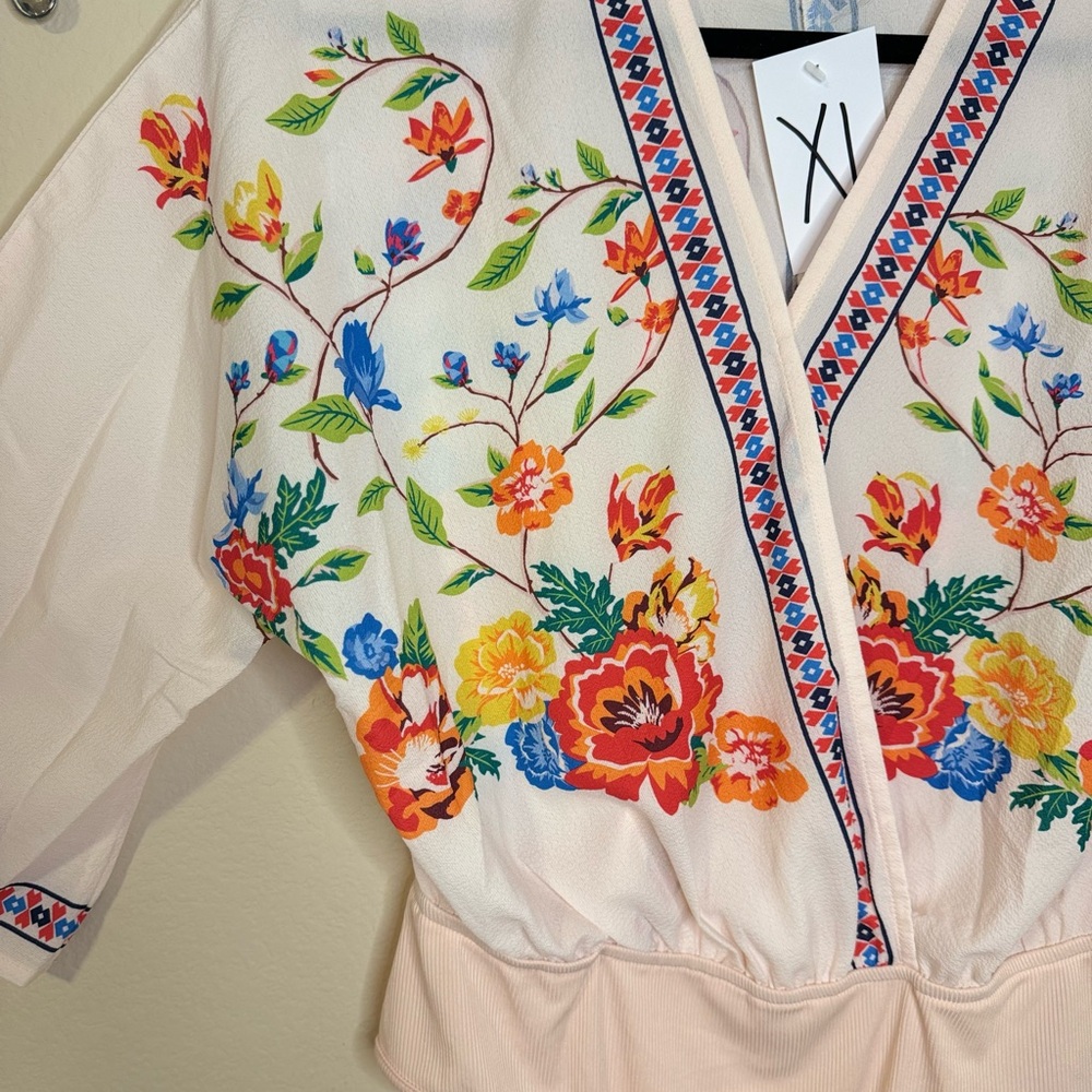 Gorgeous Bohemian Bright Colored Floral 3/4 Dolman Sleeve Bodysuit Size XL NWT - Picture 9 of 16